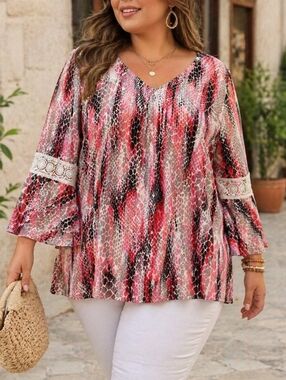 Tacera Plus Size Boho Abstract Print Blouse Bell Sleeve V-Neck Flowy Tunic Top
